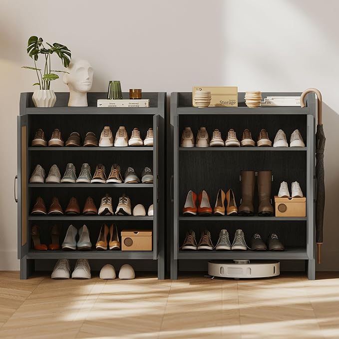 Shoe Cabinet Storage for Entryway, Natural Rattan Shoes Cupboard, Wooden Shoe - Image 4