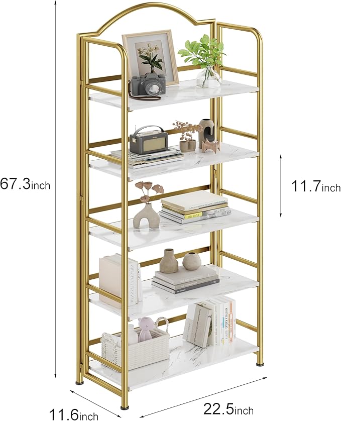 No-Assembly Gold Folding Bookshelf Storage Shelves 5 Tiers Vintage - Image 3