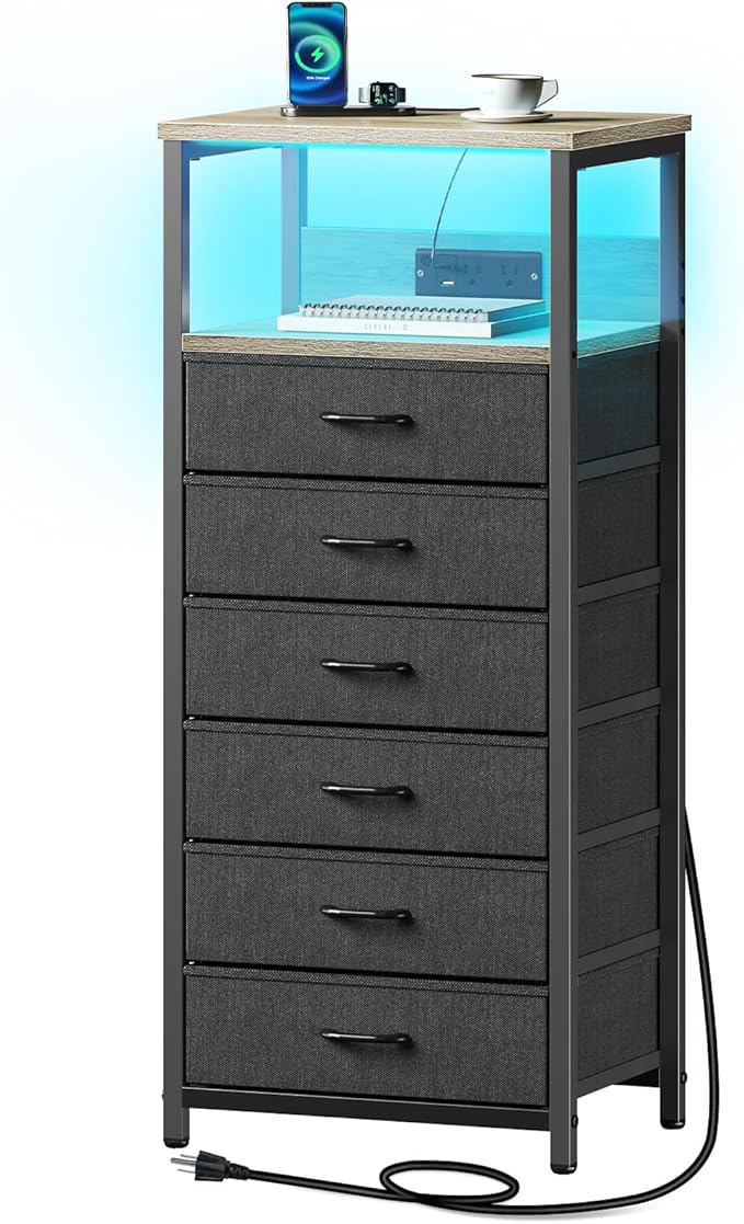 Seventable Night Stand with Charging Station, Tall Nightstand with 6 Fabric by Seventable