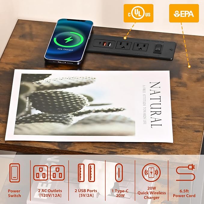 End Table with Wireless Charging, Charging End Table Bedside Table with Outlets - Image 4