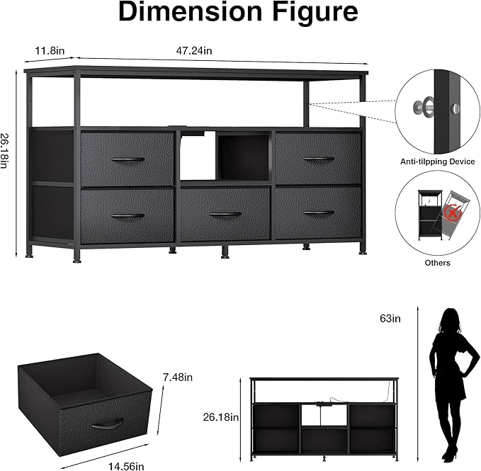 TV Stand for Bedroom, 47 Inch Dresser TV Stand for 43, 55 Inch TVs, 5 Drawers - Image 2