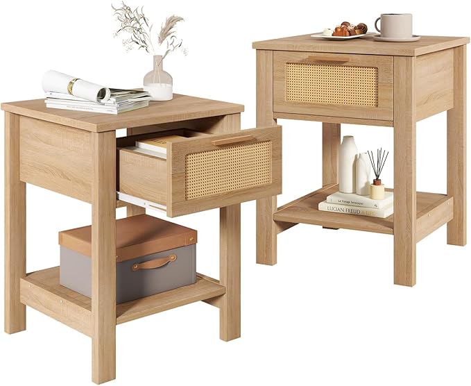 IBUYKE Rattan Nightstand Set of 2, Boho Night Stand by IBUYKE
