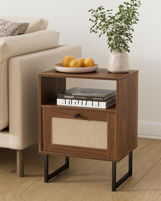 Rattan Nightstand, Boho Night Stand Farmhouse Wood Bedside Table - Image 3