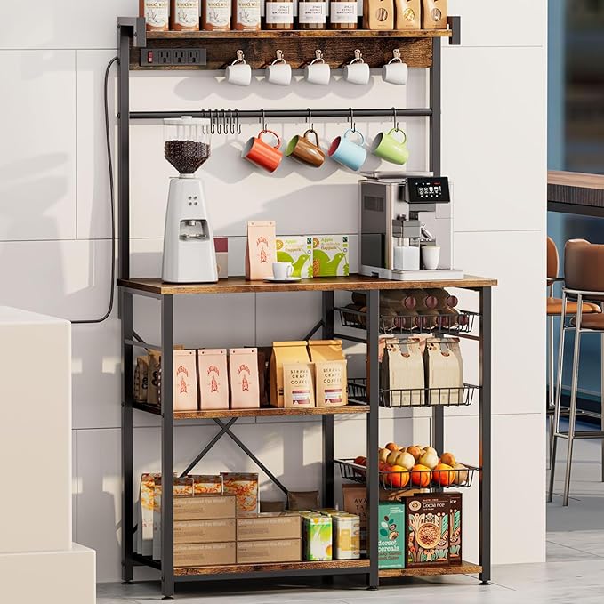Large Bakers Rack with Power Outlets 38.8 Inches, 15 Hooks Coffee Bar with 3 - Image 8