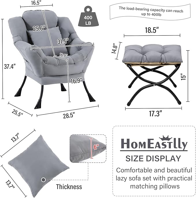 Lazy Chair with Ottoman, Modern Large Accent Lounge Chair with a Pillow - Image 2