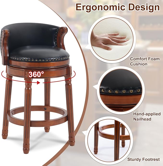 CozyRain Bar Stools Rubber Wood Counter Height Bar Stool Leather Upholstered - Image 4
