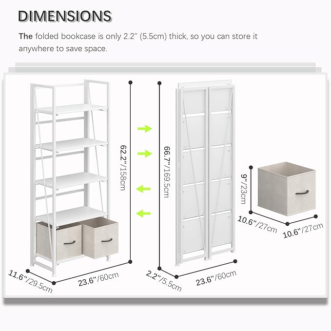 4NM No Assembly Folding Bookshelf, 5-Shelf 62.2" H Collapsible Foldable - Image 2