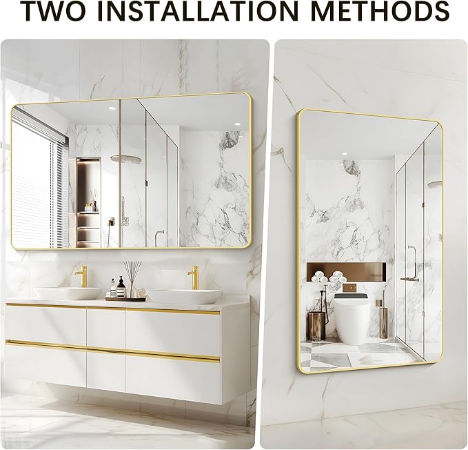 55x36 Inch Gold Bathroom Mirror, Metal Framed Large Rectangle Mirror, Rounded - Image 7