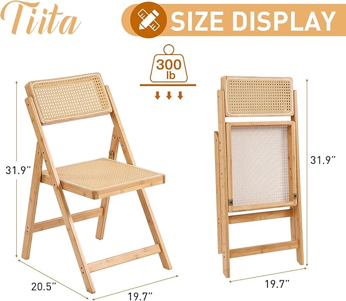Tiita Rattan Dining Chairs Set of 2, Mid Century Modern Folding Chair, Bamboo - Image 3