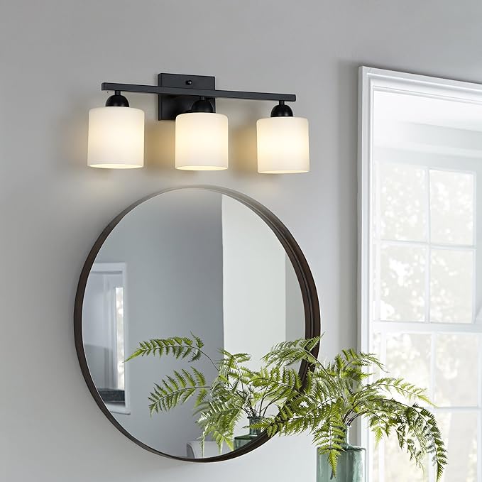 Milk Glass Vanity Lights for Bathroom, 3 Light Matte Black Bathroom Light - Image 2