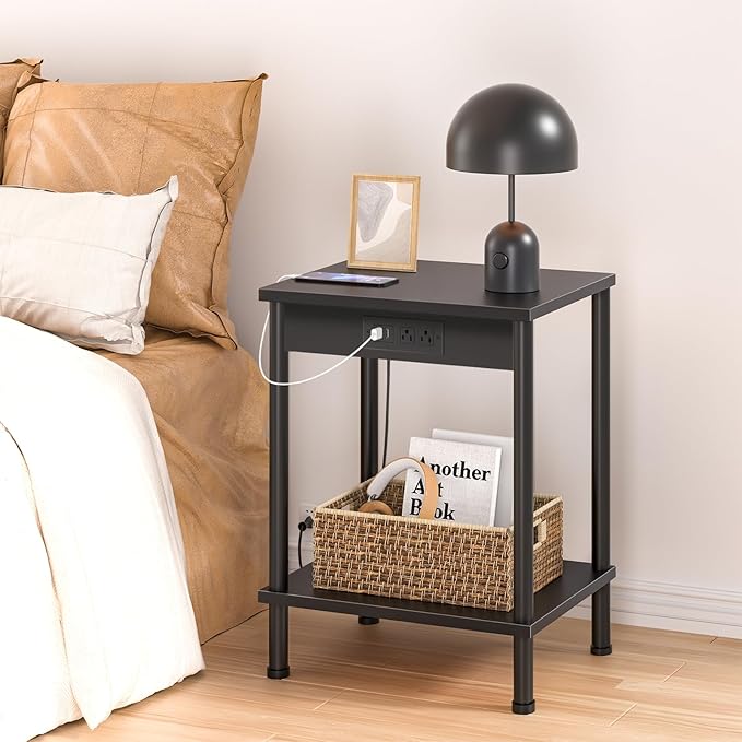 End Table with Charging Station, Small Side Table, 2-Tier Nightstand with - Image 5