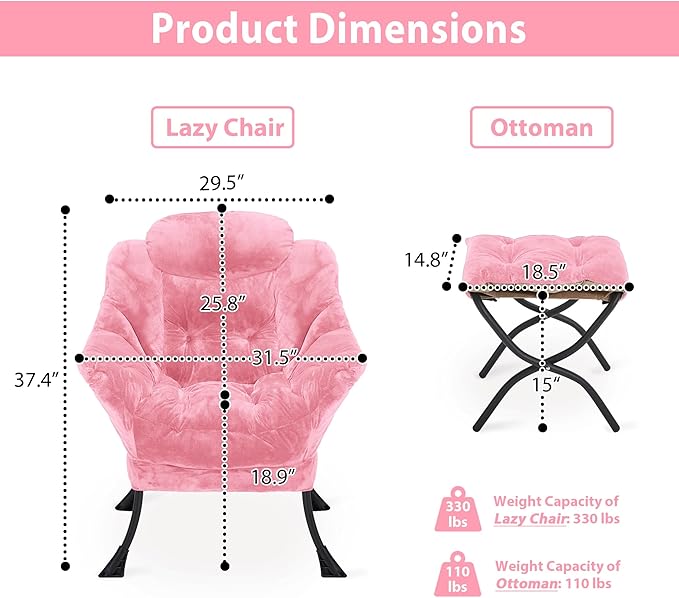 Lazy Chair with Folding Ottoman, Accent Chair Plush Upholstered with Metal - Image 3