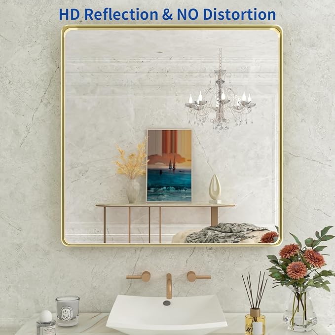 WEER Gold Bathroom Mirror, 36X36 Inch Brushed Metal Frame, Rounded Rectangle - Image 2