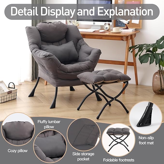Lazy Chair with Ottoman, Modern Accent Chair with Lumbar Pillow, Comfy Chairs - Image 5