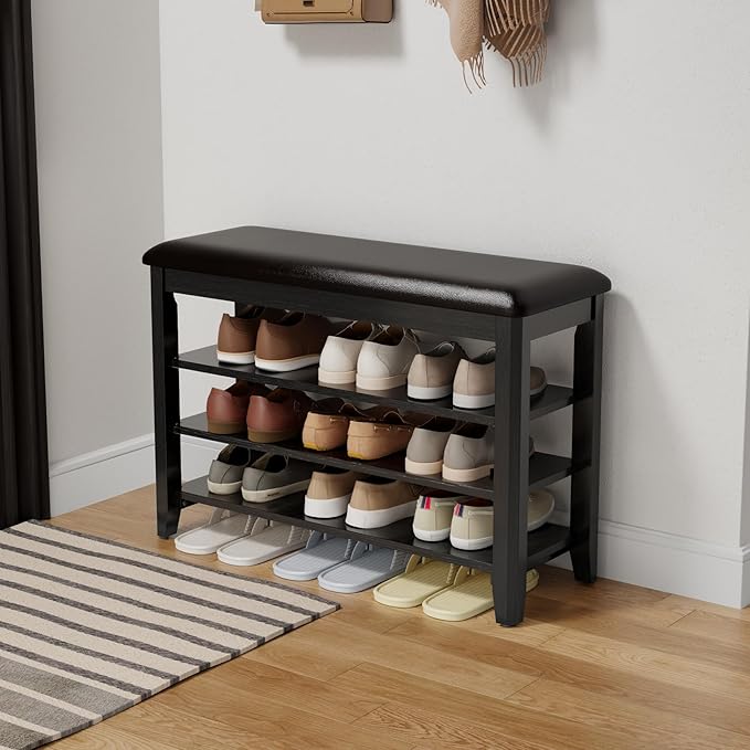 Shoe Bench with Leather Cushion, 3 Tiers Shoe Storage Bench Height Adjustable by AQIMUELE-Solidwoodfurniture