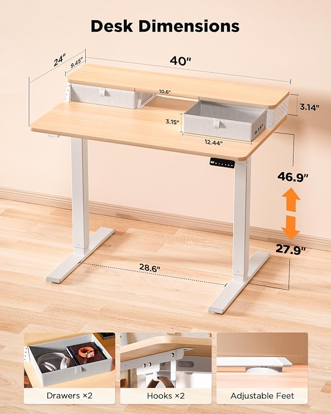 40x24 Inch Standing Desk with Double Drawers, C-Clamp Mount Compatible - Image 3