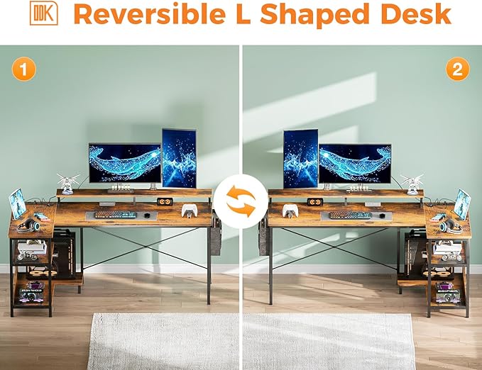 ODK 58 Inch Gaming Desk with USB Charging Ports and LED Lights, Reversible L - Image 8