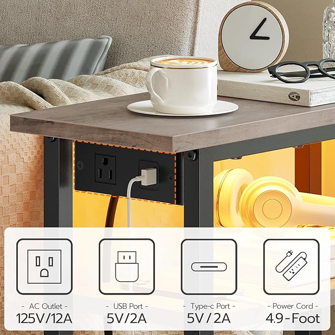 HOOBRO Narrow Side Table with Charging Station and LED Light, Small End Table - Image 9