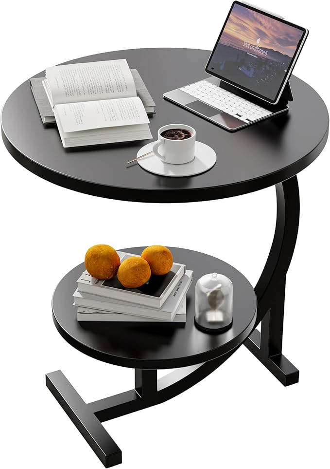 C-Shaped End Table, 2 Tiers Round Side Table, Sofa Small Side Table by Serxis