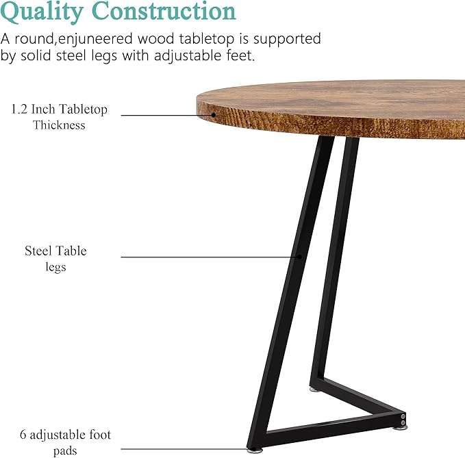 VECELO 35" Round Dining Table for 4, Wood-Grain Tabletop & Heavy-Duty Steel - Image 4