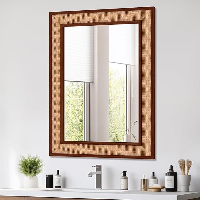Rattan Wall Mirror with Wooden Framed 24 X 32 inch Farmhouse Rectangle Wood by FUWU+HOME