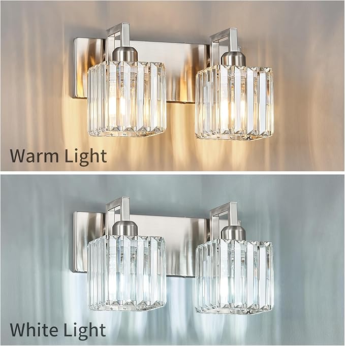 Modern Bathroom Vanity Light 2-Lights Brushed Nickel Vanity Light Crystal Wall - Image 4