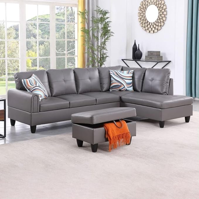 Dark Grey L-Shaped 3-Piece Faux Leather Sofa by Unknown