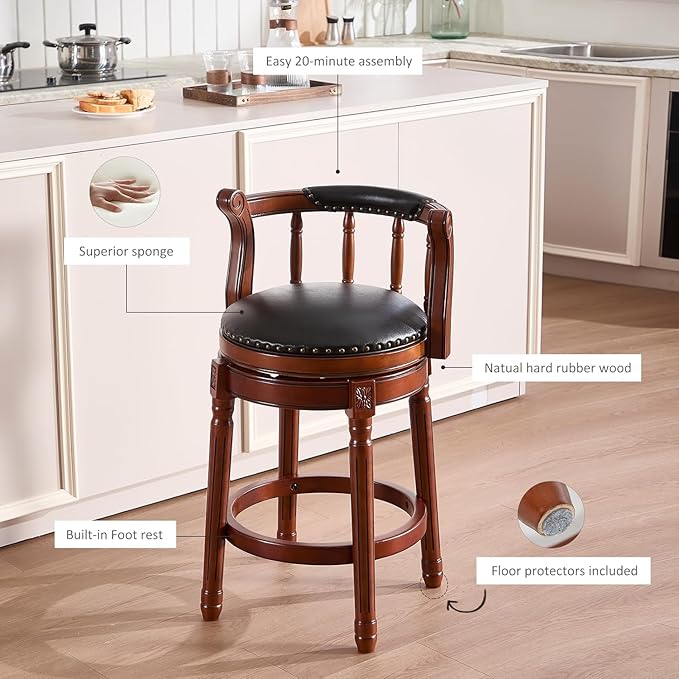 Cow top Leather Wooden Bar Stools, 360 Degree Swivel Bar Height Chair - Image 8