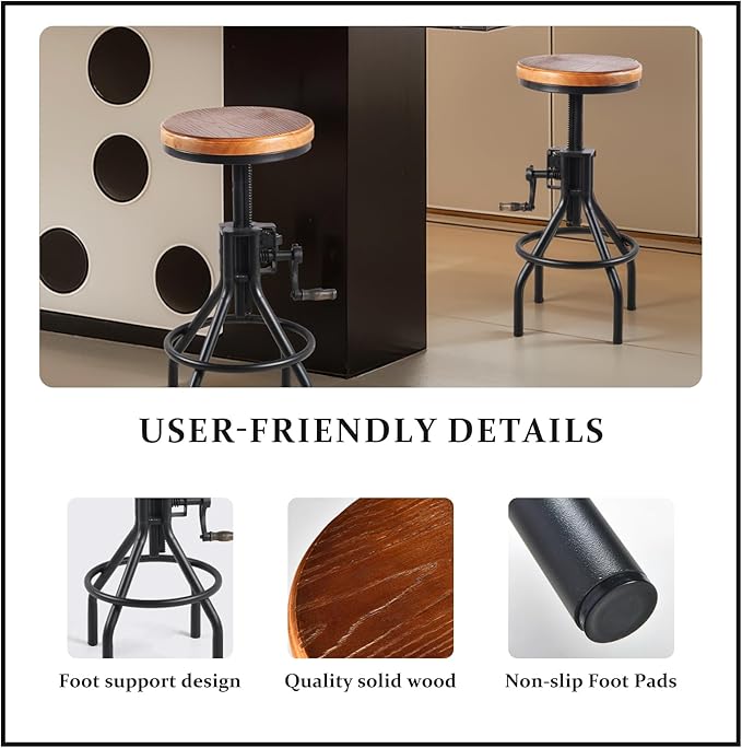 Diwhy Industrial Farmhouse Counter Stool Wooden Seat Height Adjustable - Image 4