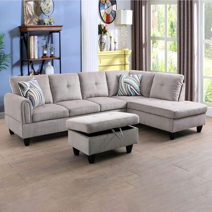 Grey White L-Shaped 3-Piece Corduroy Sofa by Unknown