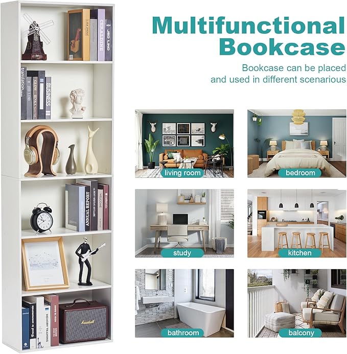 6-Tier Book Shelf, Floor Standing Open Bookcase, Wooden Display Storage Shelves - Image 7