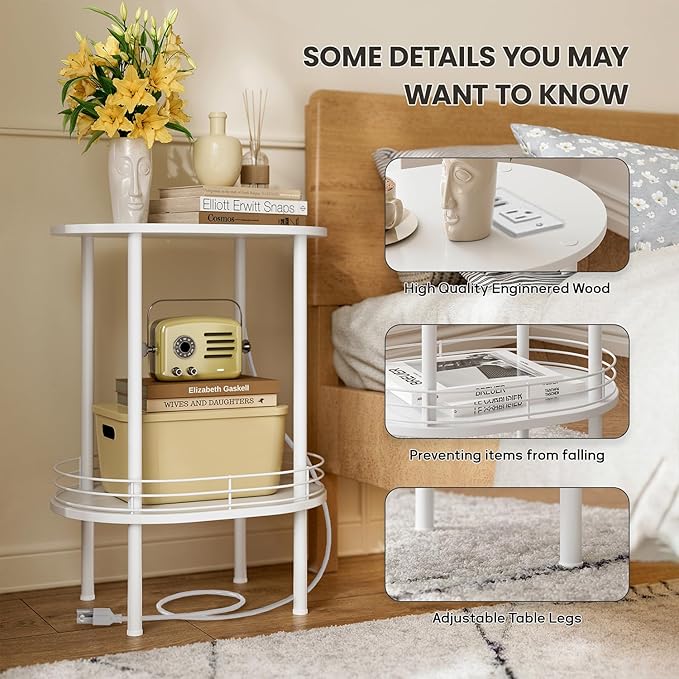 Small Round Side Table with Charging Station, Bedside Table with 2 USB Ports - Image 4