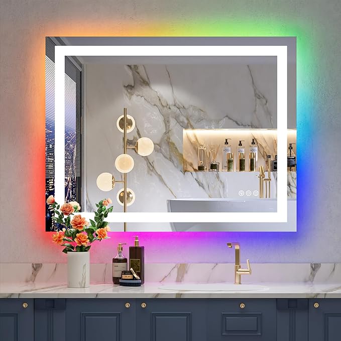 36x28 Inch RGB LED Bathroom Mirror Front Light and RGB Backlit Lighted Vanity by YEELAIT