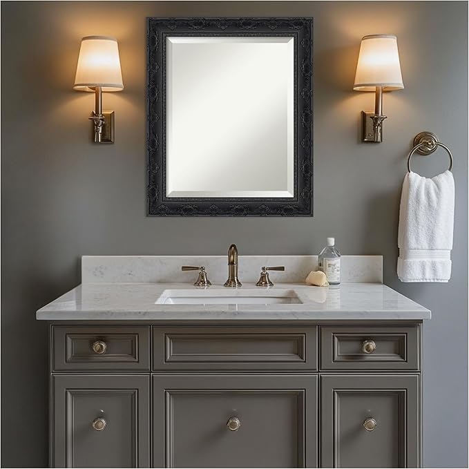 Amanti Art Bathroom Mirror for Over Sink, 25x21 Filigree Gloss Black Rectangle - Image 5