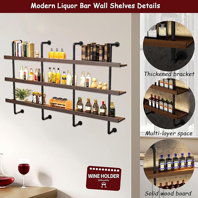 Large Wine Rack with LED Light Solid Wood Wall Mounted Wine Rack, 3-Tiers - Image 6