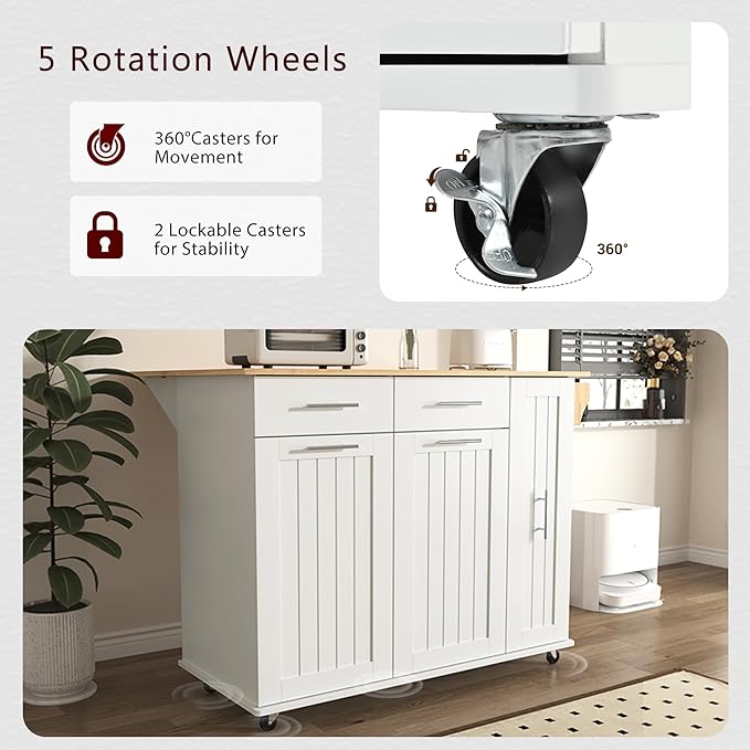 46" Kitchen Island with Drop Leaf, Kitchen Storage Cart W/ 3 Tier Pull Out - Image 5