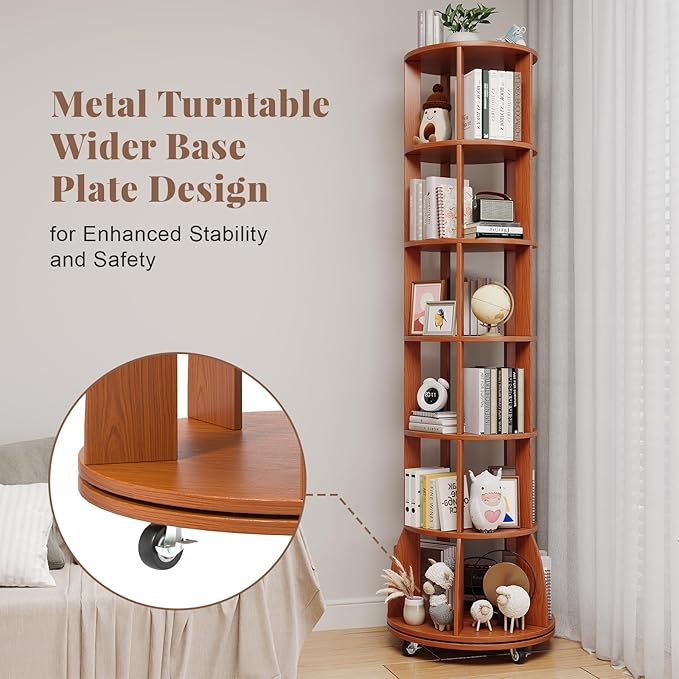 6 Tier Rotating Bookshelf with Locking Casters, 360° Spinning Vertical Bookcase - Image 4