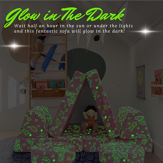 MeMoreCool Modular Pink Unicorn Glow-in-The-Dark Kids Play Couch, 8-Piece - Image 4