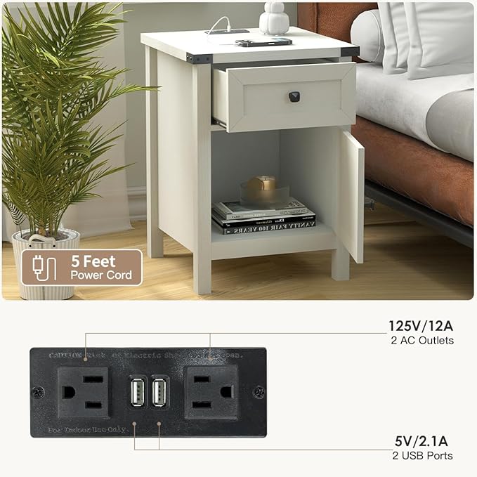 Farmhouse Nightstand with Charging Station, Rustic End Table with Barn Door and - Image 4