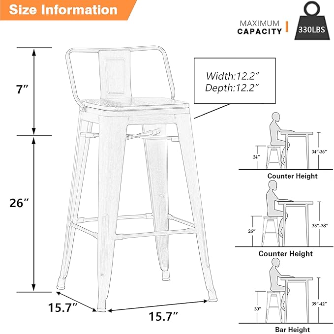 Yongchuang 26 inch Metal Bar Stools Set of 4 Counter Bar Stools Distressed Gold - Image 3