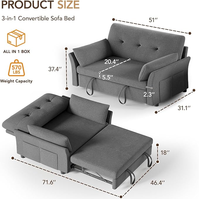 Vipbear 3-in-1 Chenille Convertible Sofa Bed, Pull Out Sleeper Sofa - Image 2