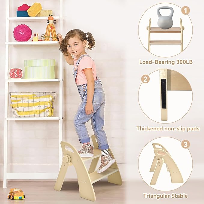 Wooden 2 Step Stool for Kids Bathroom Sink Foldable Anti-Slip 2-Step for Toilet - Image 4