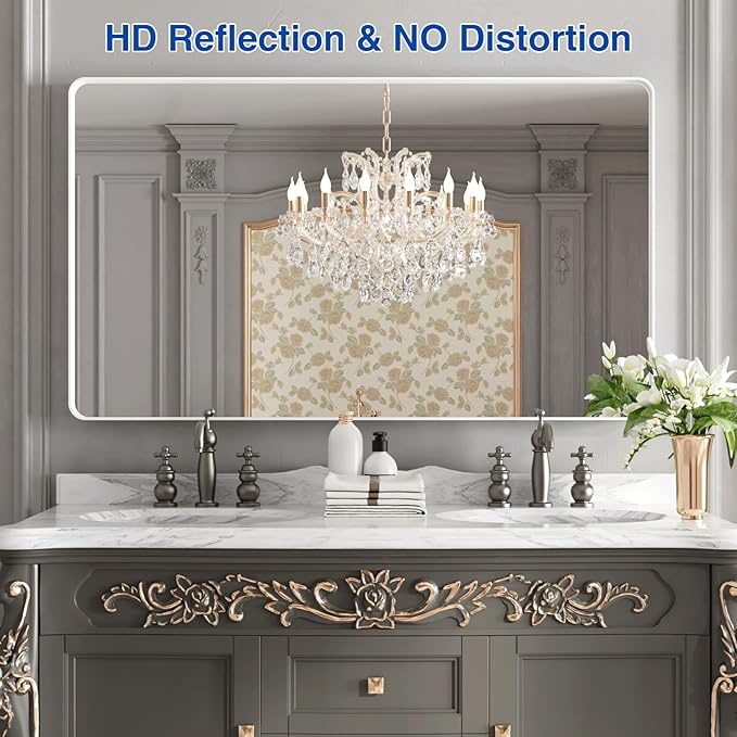 WEER White Bathroom Mirror 50X30 Inch, Rounded Rectangle White Metal Frame - Image 2