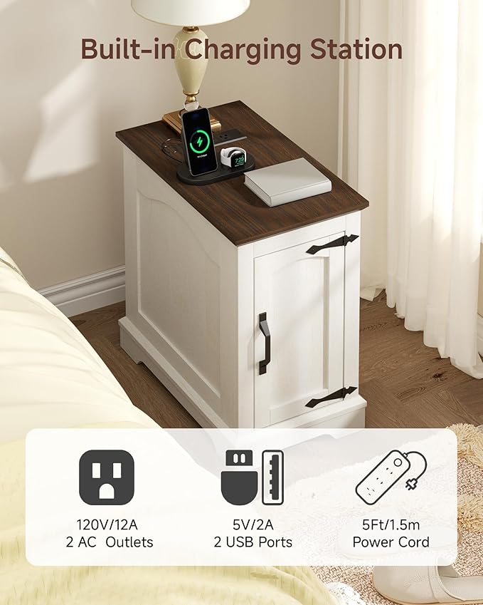 Narrow Side Table with Charging Station, 13.8" W End Table with Storage - Image 5