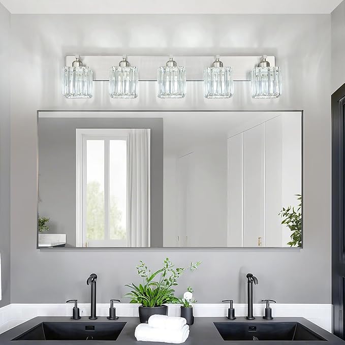 Modern Vanity Light 5-Lights Brushed Nickel Vanity Light Crystal Bathroom Wall - Image 8