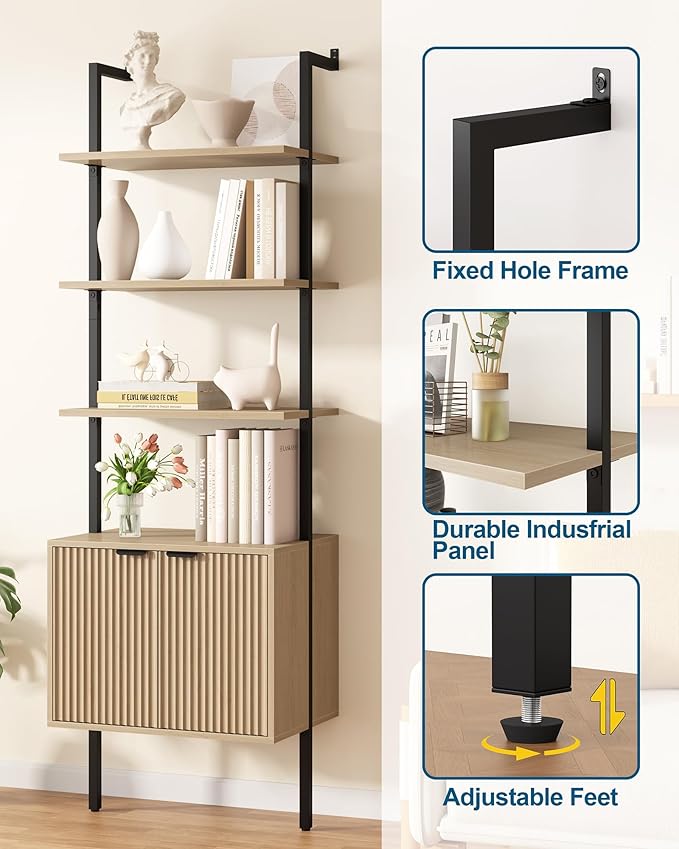 Yusong 73" Tall Bookshelf with Cabinet, Industrial Ladder Wall Mount Shelf - Image 5