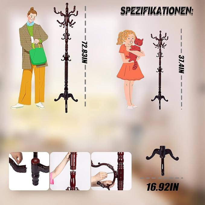 73 in Wood Coat Rack, Coat Rack Freestanding - Image 6