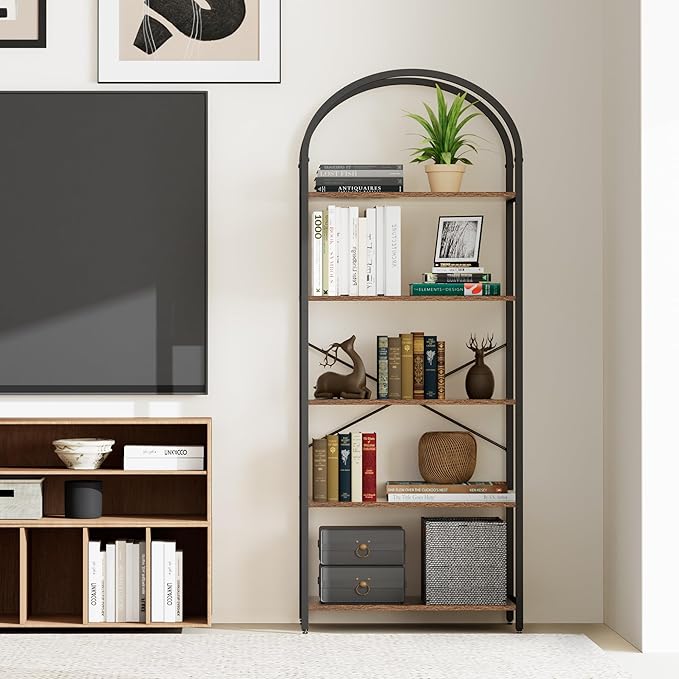 Homhedy 5-Tier Bookshelf Arched Display Racks, Wood and Metal Bookcase - Image 7