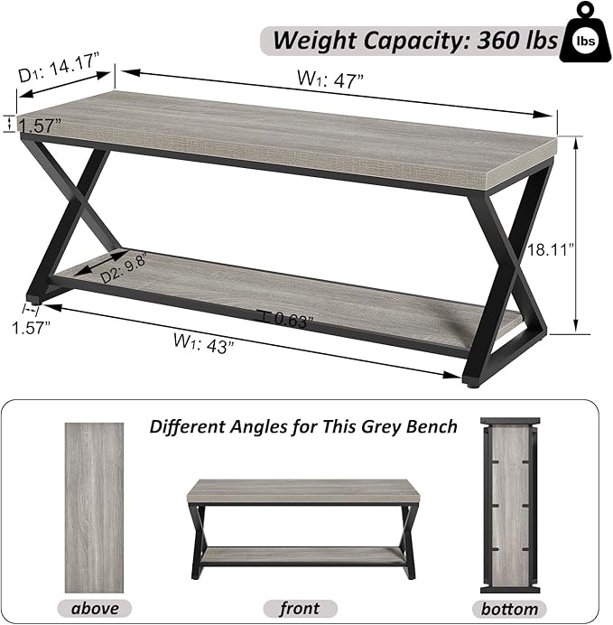 IBF Industrial Wood Entryway Bench, Indoor Farmhouse Hallway Accent Entry Bench - Image 2