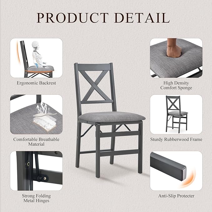 COLAMY Folding Dining Chairs Set of 4 – Dark Grey Upholstered Dining Room Chairs - Image 3